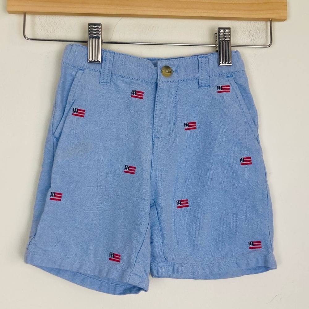 Janie and Jack pale blue Bermuda shorts with American flag embroidery. 18-24 m